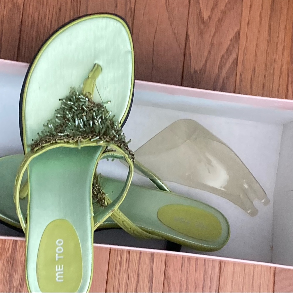 Green Me Too size 7.5 kitten heels with beaded top, gently worn, comes with box